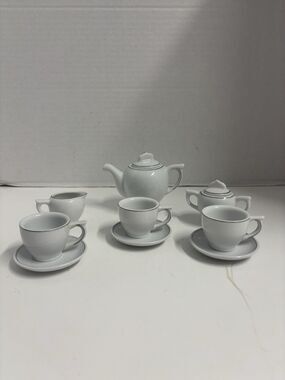 11 Piece Ceramic Tea set Playtime Tea Time White Silver Glossy